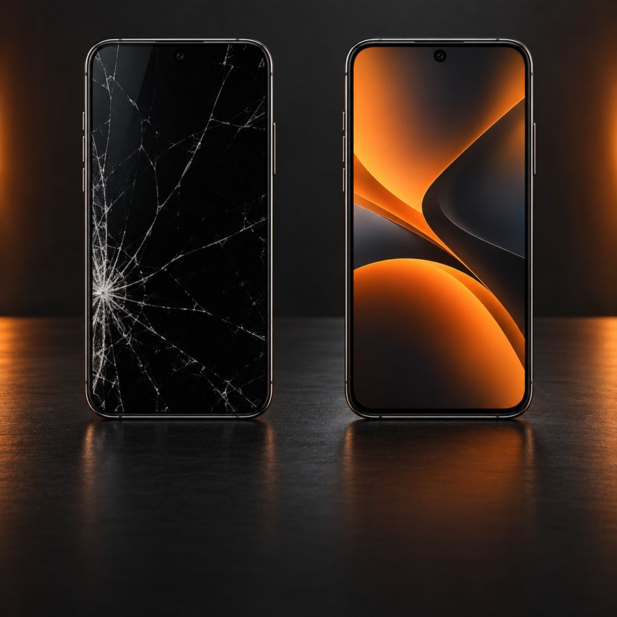 Comparação ilustrativa: celular com tela quebrada à esquerda e inteiro à direita