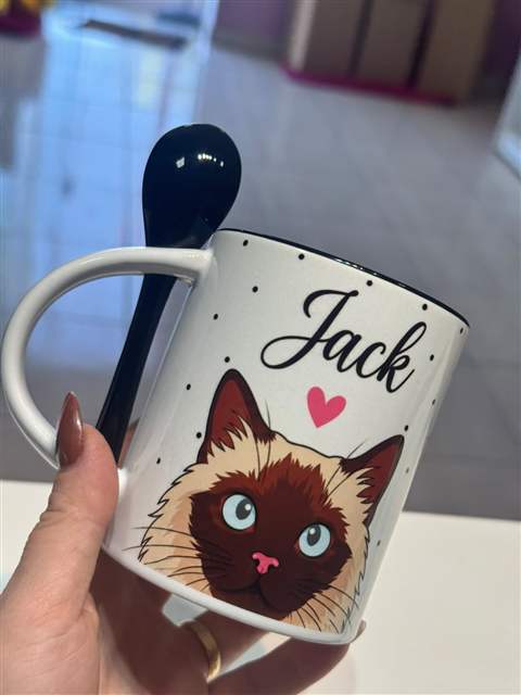 Caneca personalizada com colher e tema de gato